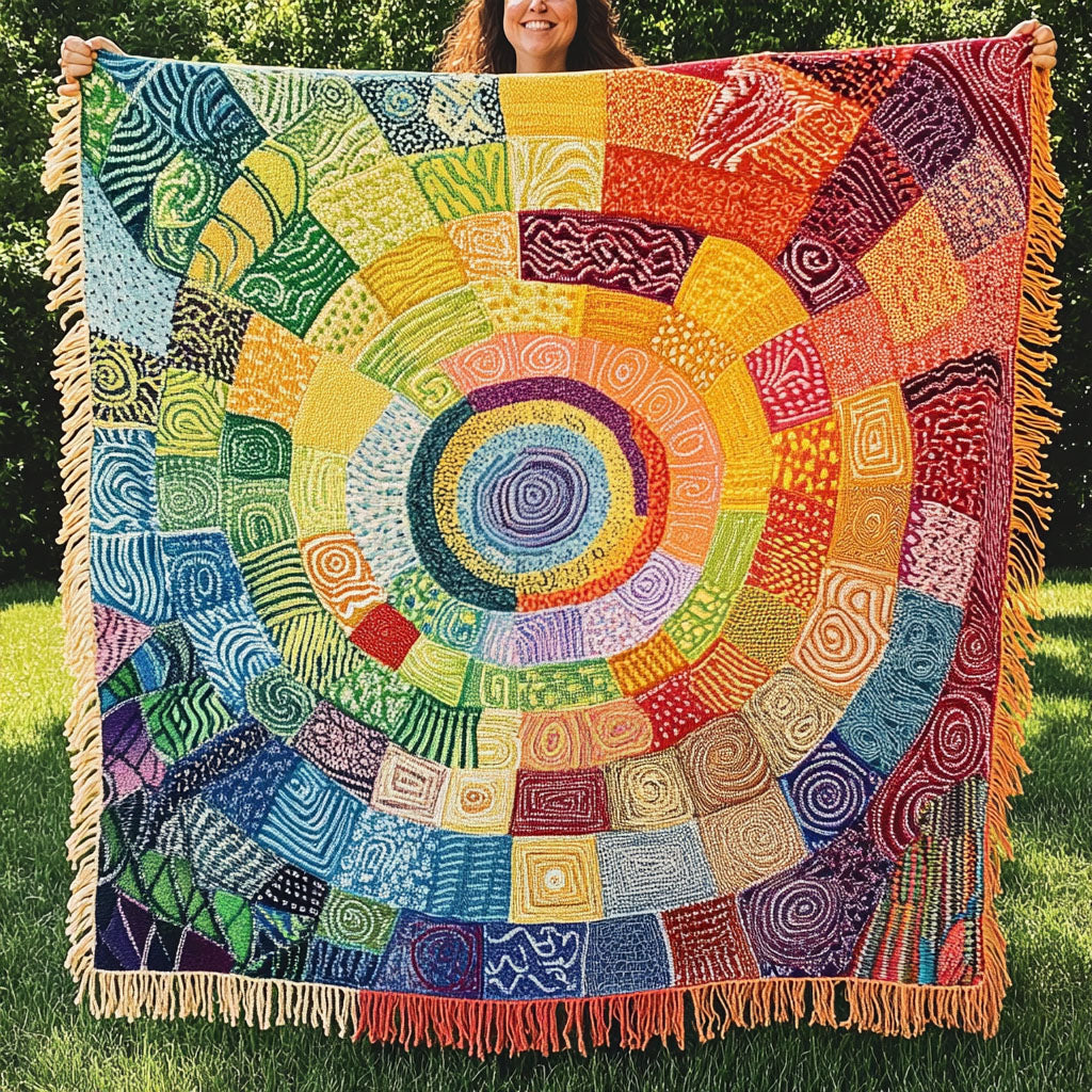 Rainbow Circles fringed throw – rings of rainbow patchwork