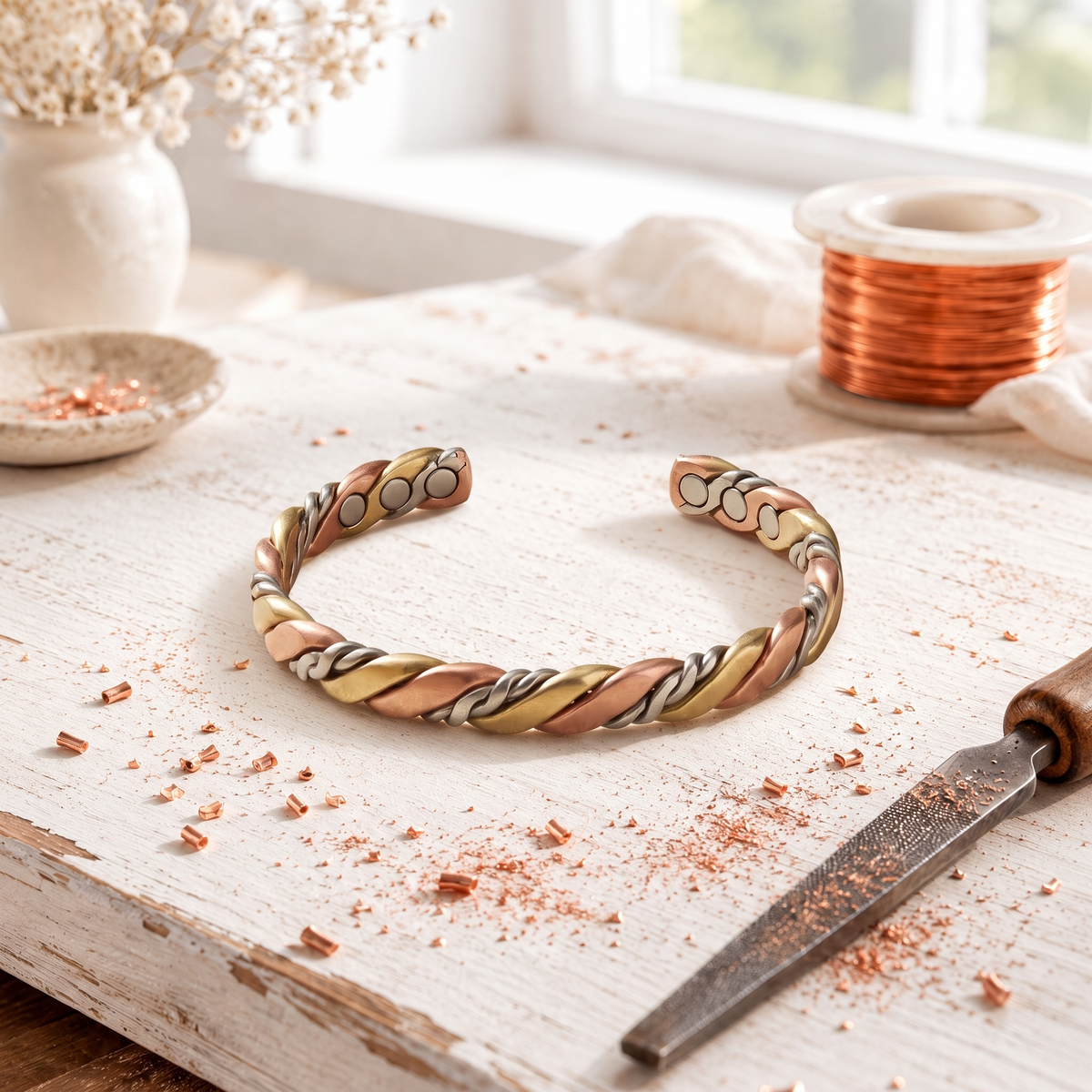 Magnetic rope-twist cuff of copper, brass and silver-tone strands
