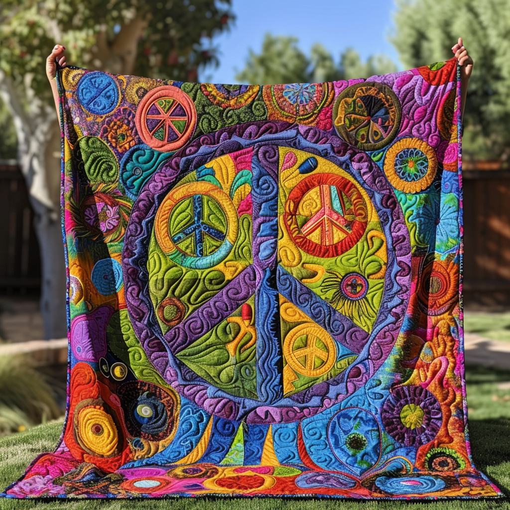 Psychedelic Peace Sign quilted throw – purple peace sign in swirling rainbow colours