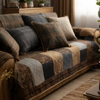 Navy Tan Patchwork quilted sofa cover – navy and tan patchwork squares
