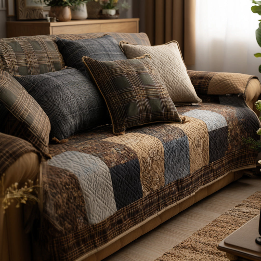 Navy Tan Patchwork quilted sofa cover – navy and tan patchwork squares