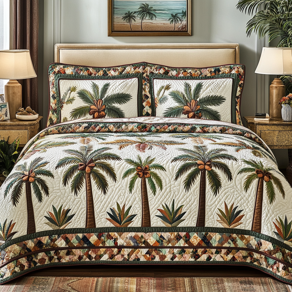 Palm Grove quilted bedspread set – rows of palm trees on cream
