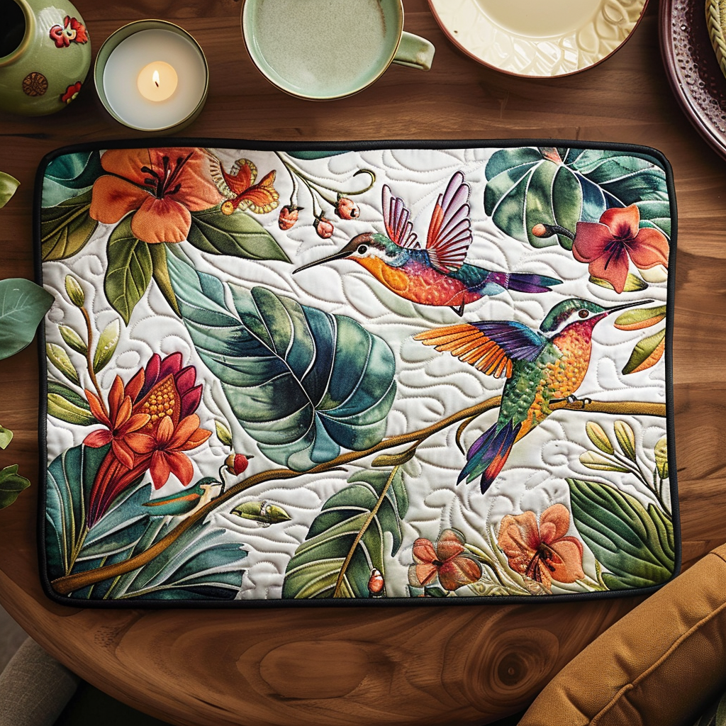 Tropical Hummingbirds quilted placemats – hummingbirds and leaves