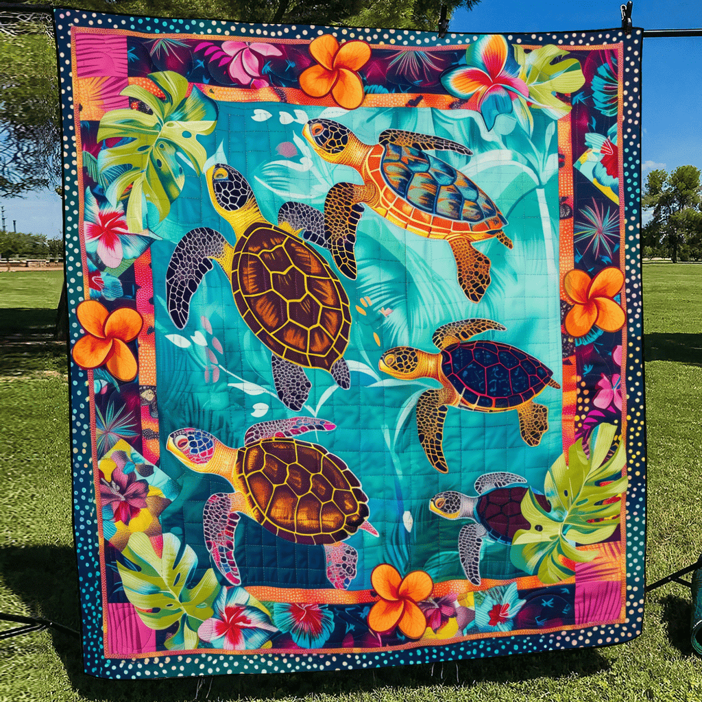 Tropical Turtle Border art quilt – turtles with tropical border
