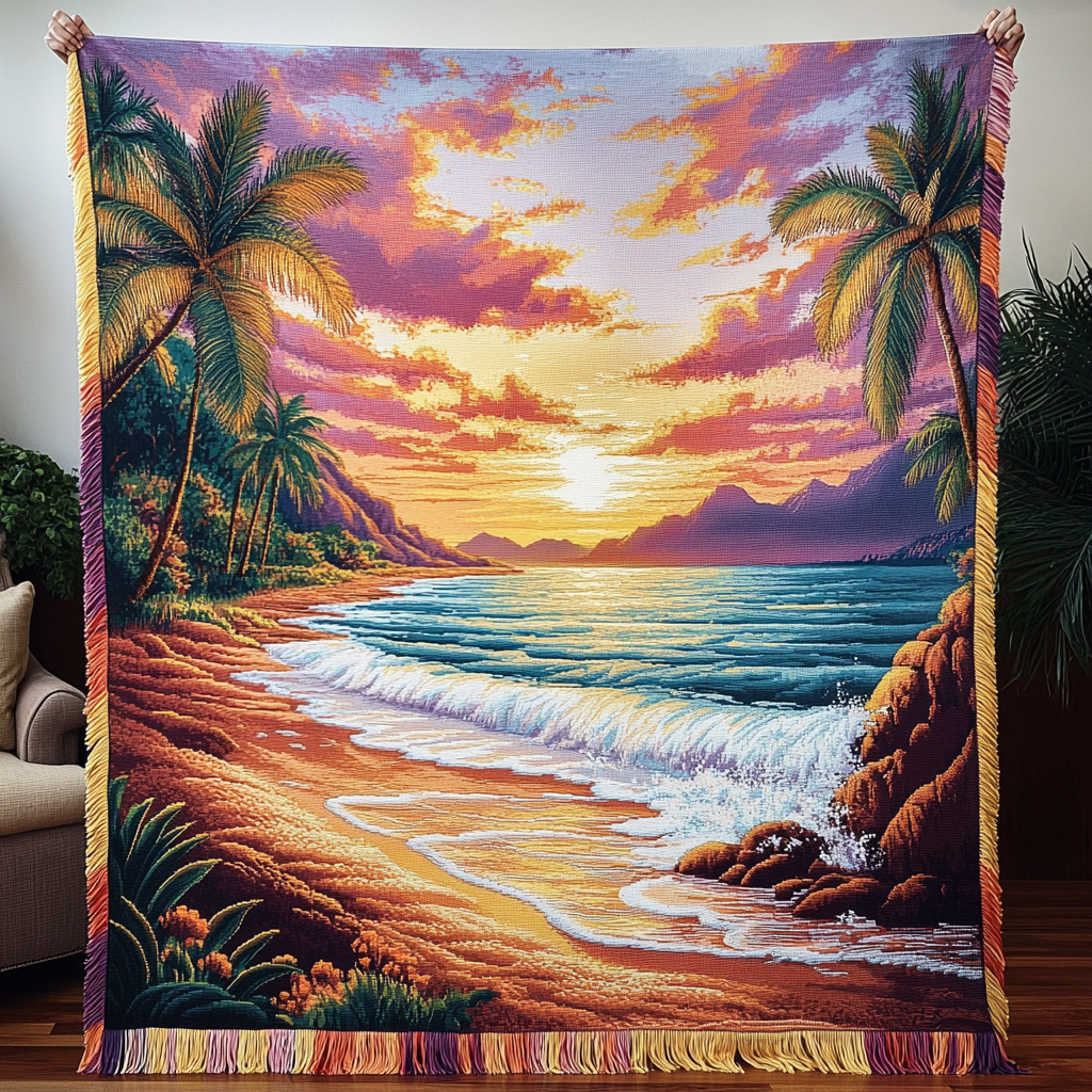 Tropical Sunset Beach woven sofa throw – sunset over a palm beach