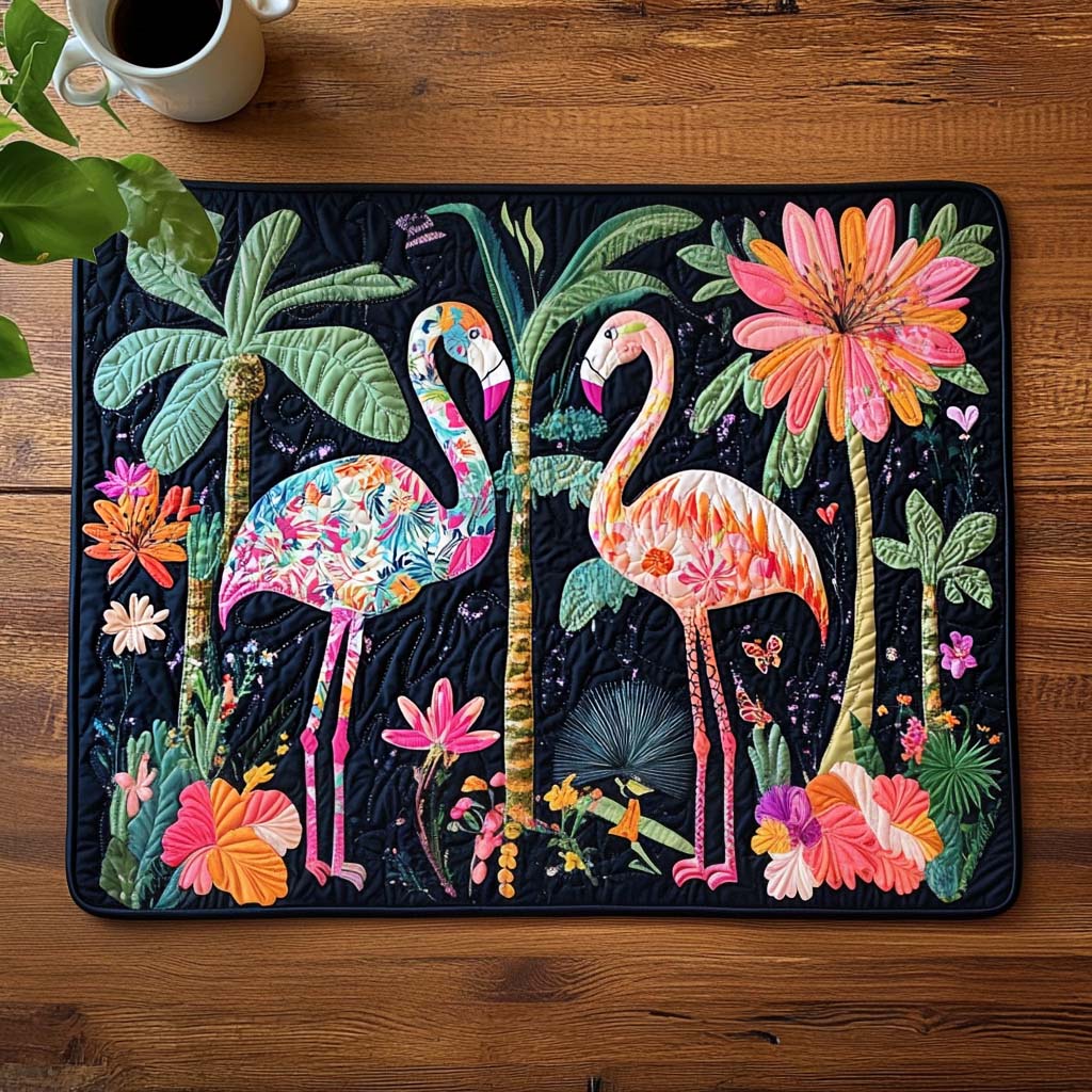 Tropical Duo quilted placemats – patterned flamingos