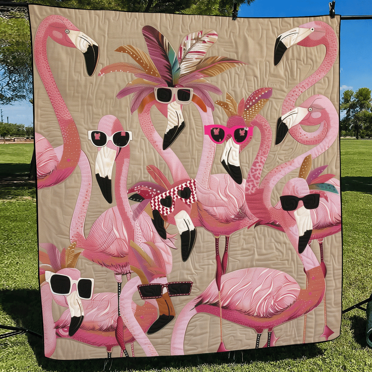 Flamingos in Sunglasses quilted throw – pink flamingos in sunglasses