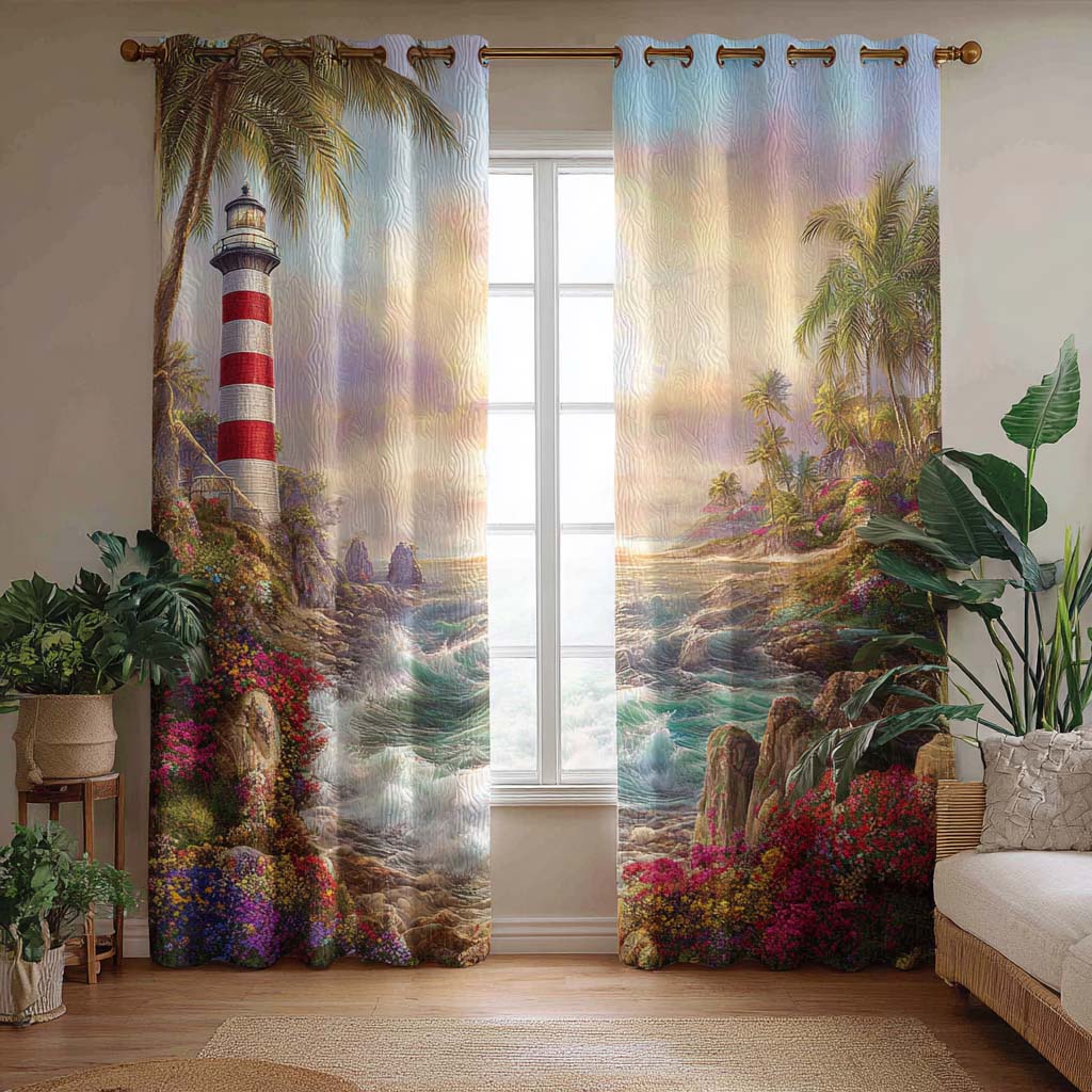 Tropical Lighthouse quilted curtains – lighthouse above palms