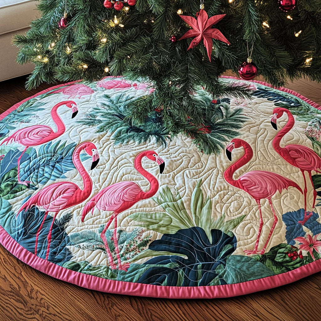 Flamingo Lagoon quilted Christmas tree skirt – pink flamingos with teal leaves on cream