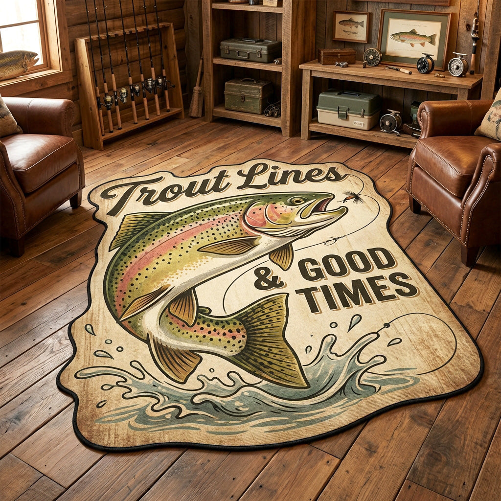 Trout Times shaped rug – trout Lines sign
