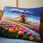 Dutch Tulip Fields quilted pillowcase – windmill above rows of tulips