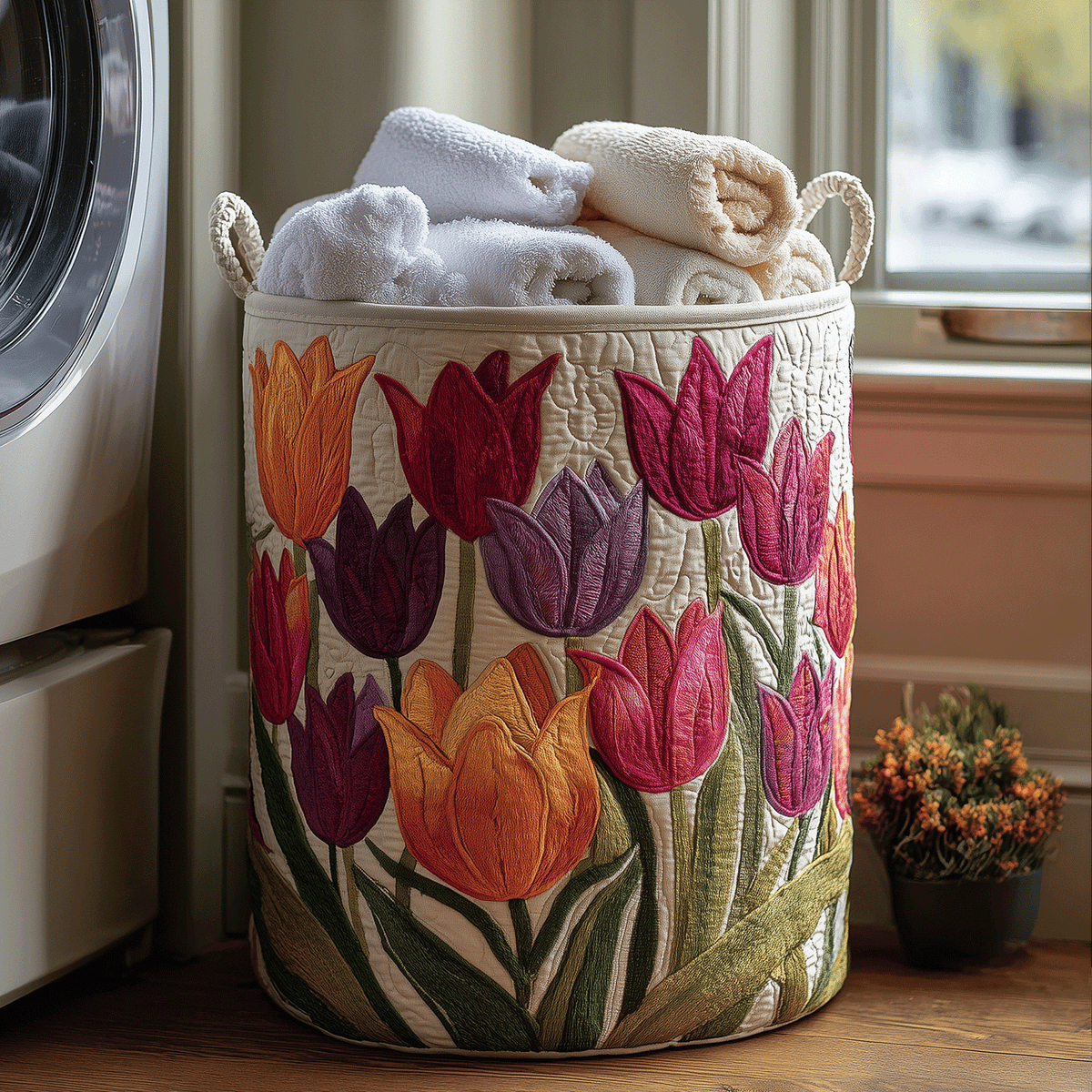 Quilted laundry basket with bright tulips on cream