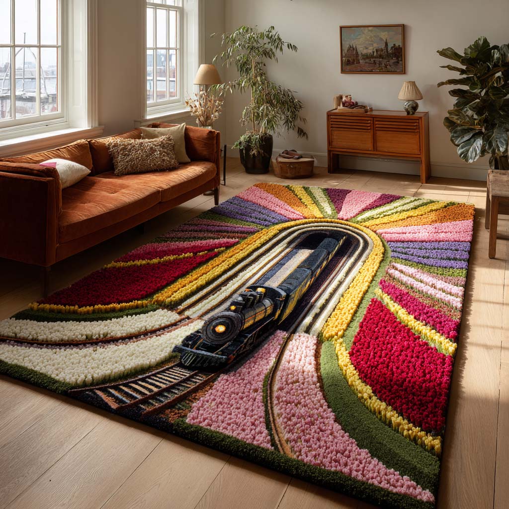 Rainbow Rail rug – train through rainbow stripes