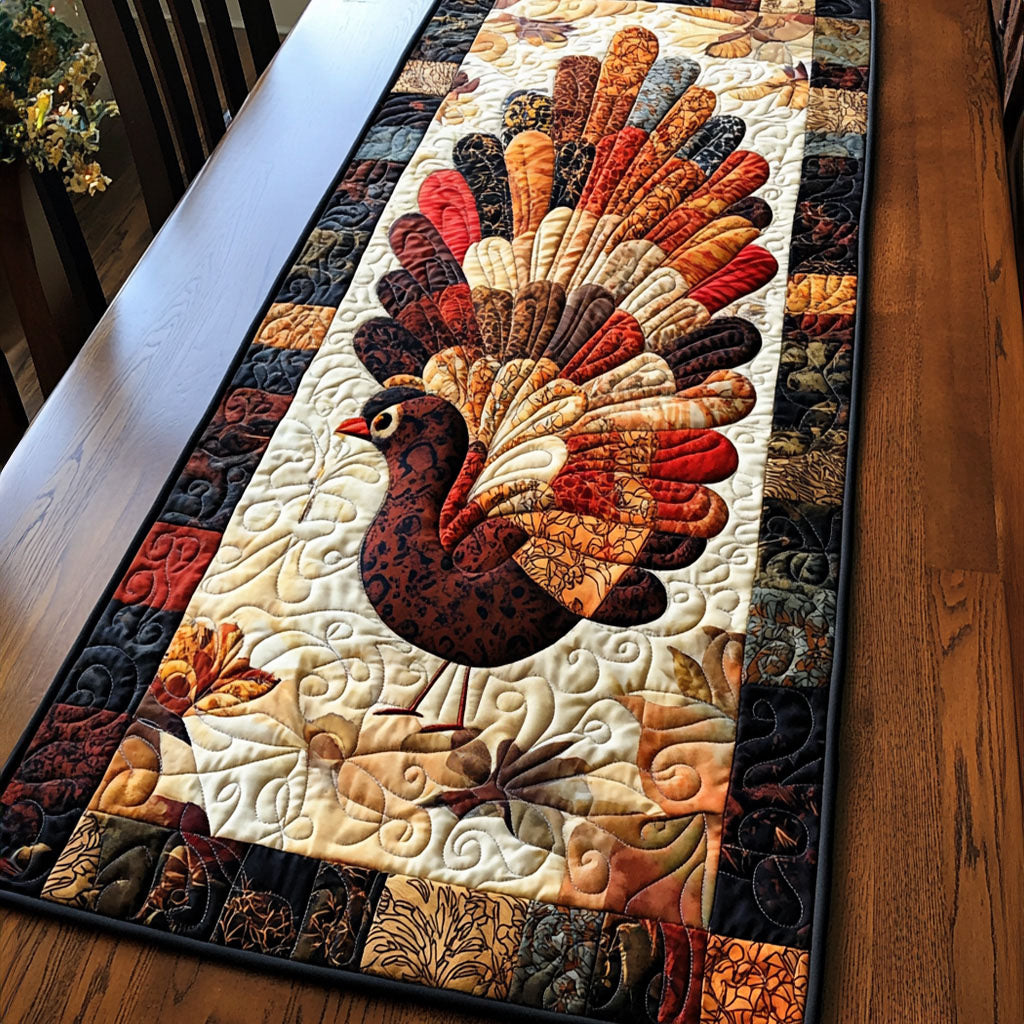Turkey Feast quilted table runner – turkey with feathered tail