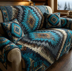 Turquoise Mesa quilted sofa cover with concentric diamonds in turquoise, charcoal, cream and copper with zigzag bands