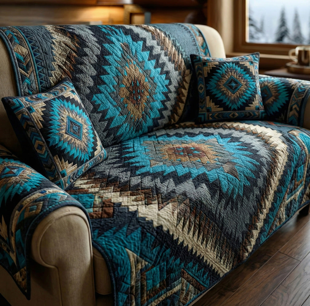 Turquoise Mesa quilted sofa cover with concentric diamonds in turquoise, charcoal, cream and copper with zigzag bands