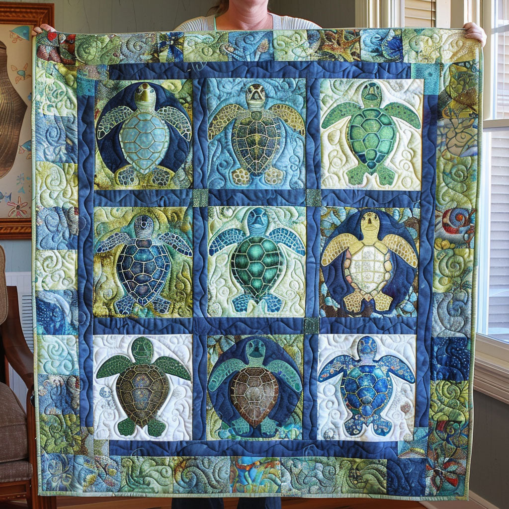 Turtle Windows quilted throw – sea turtles in cream window squares