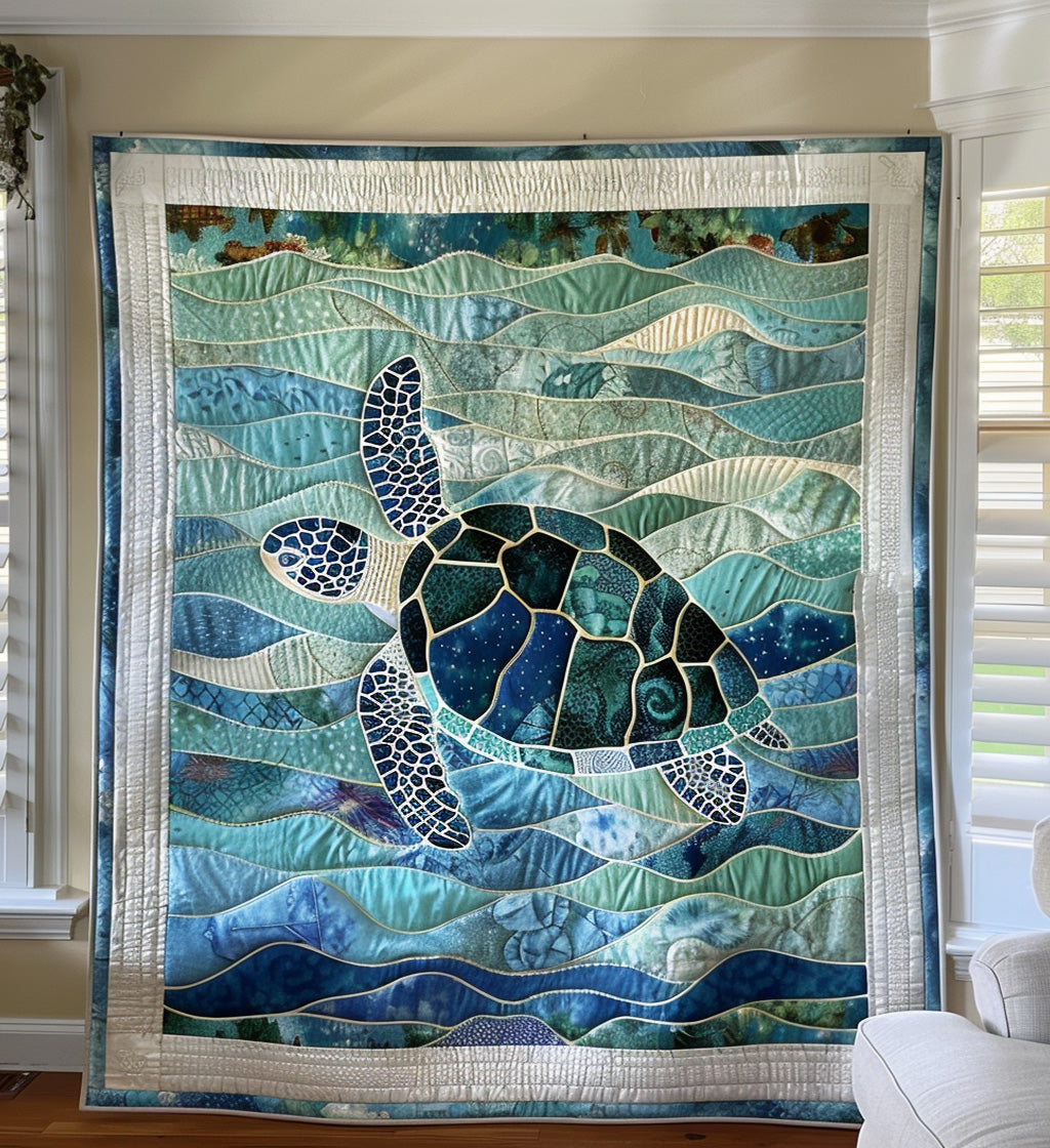 Turtle in Soft Waves quilted throw – sea turtle in soft seafoam waves