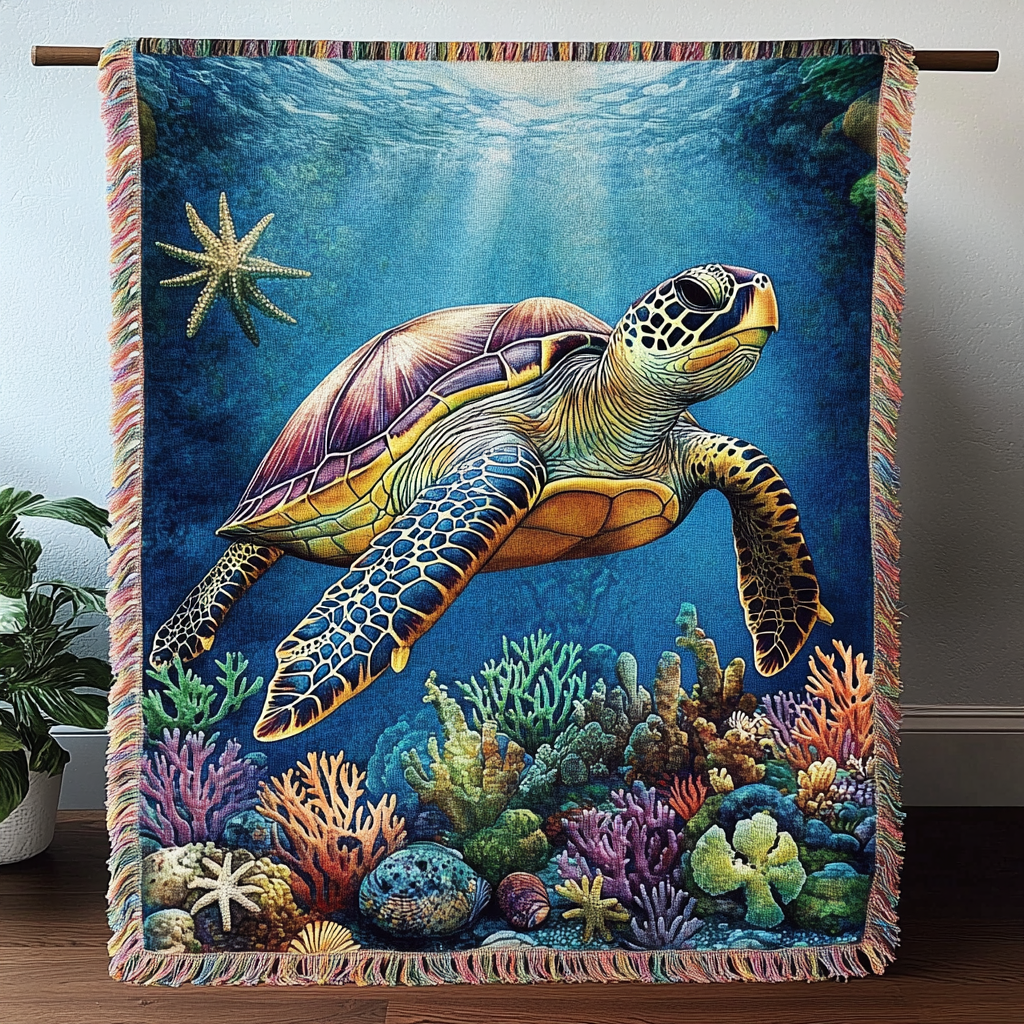 Sunlit Reef Turtle woven sofa throw – turtle above a sunlit reef