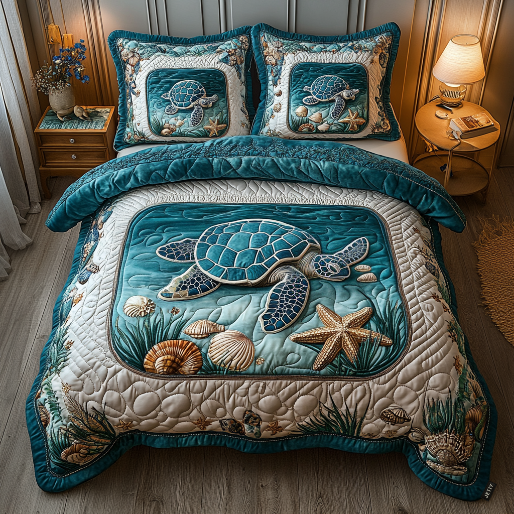 Turtle and Starfish quilted bedspread set – sea turtle with starfish and shells on teal
