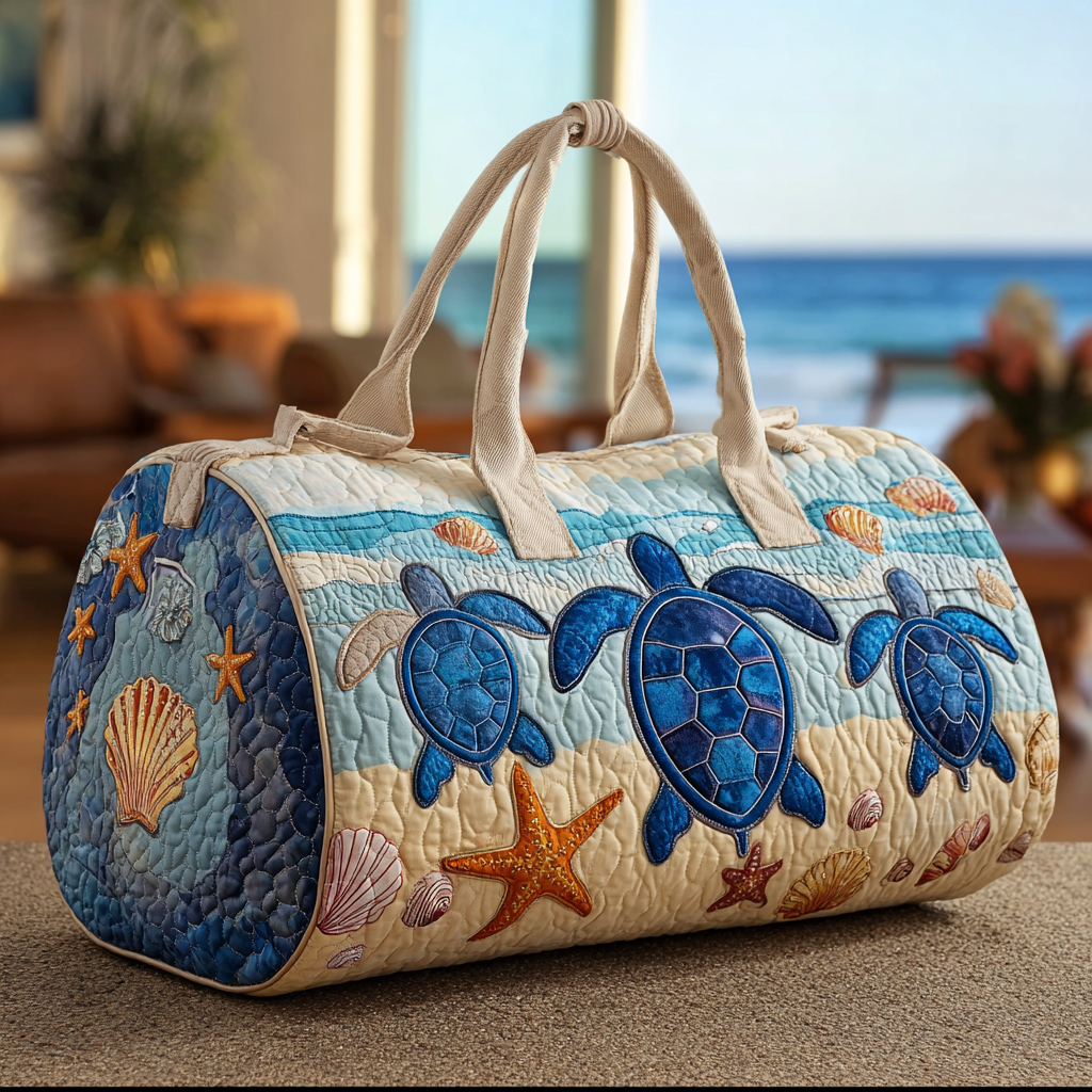 Turtle Journey Shells quilted weekend bag – turtles and starfish