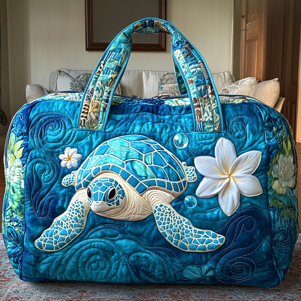 Turtle Journey Frangipani quilted weekend bag – turtle and frangipani
