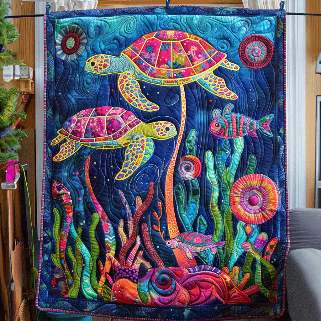 Coral Garden Turtles quilted throw – sea turtles above colourful coral