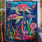 Coral Garden Turtles quilted throw – sea turtles above colourful coral