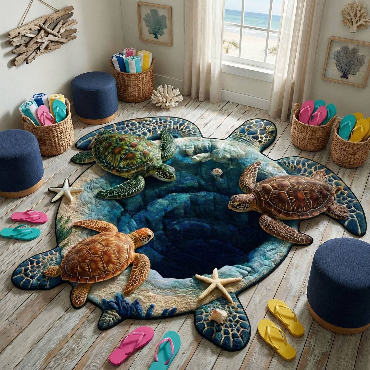 Turtle Serenity Pool shaped rug – turtles round a pool