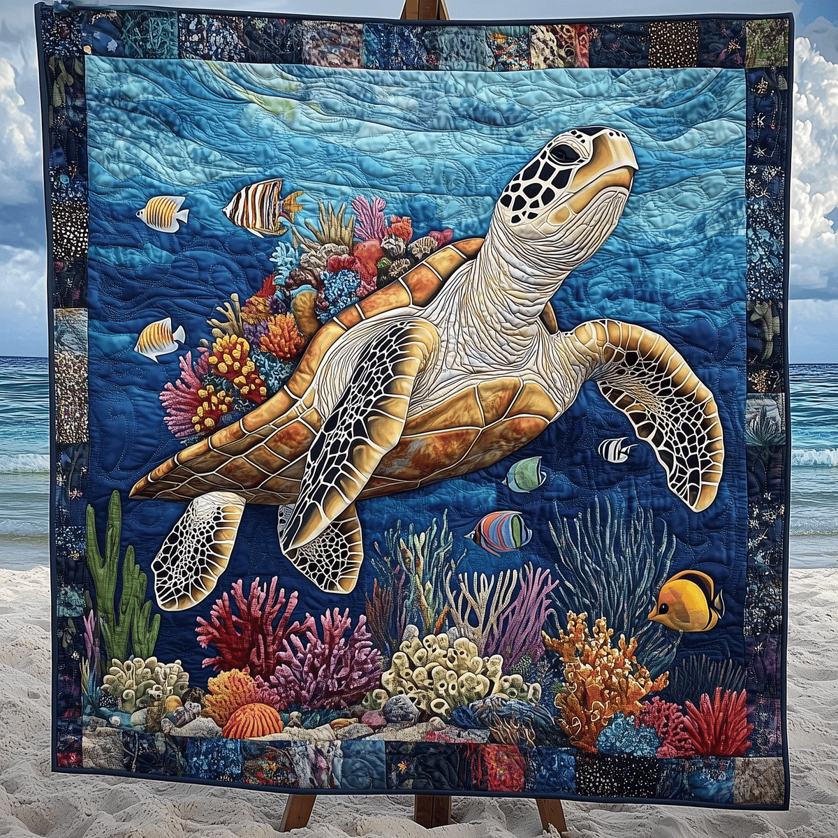 Reef Turtle quilted throw – sea turtle gliding over a coral reef