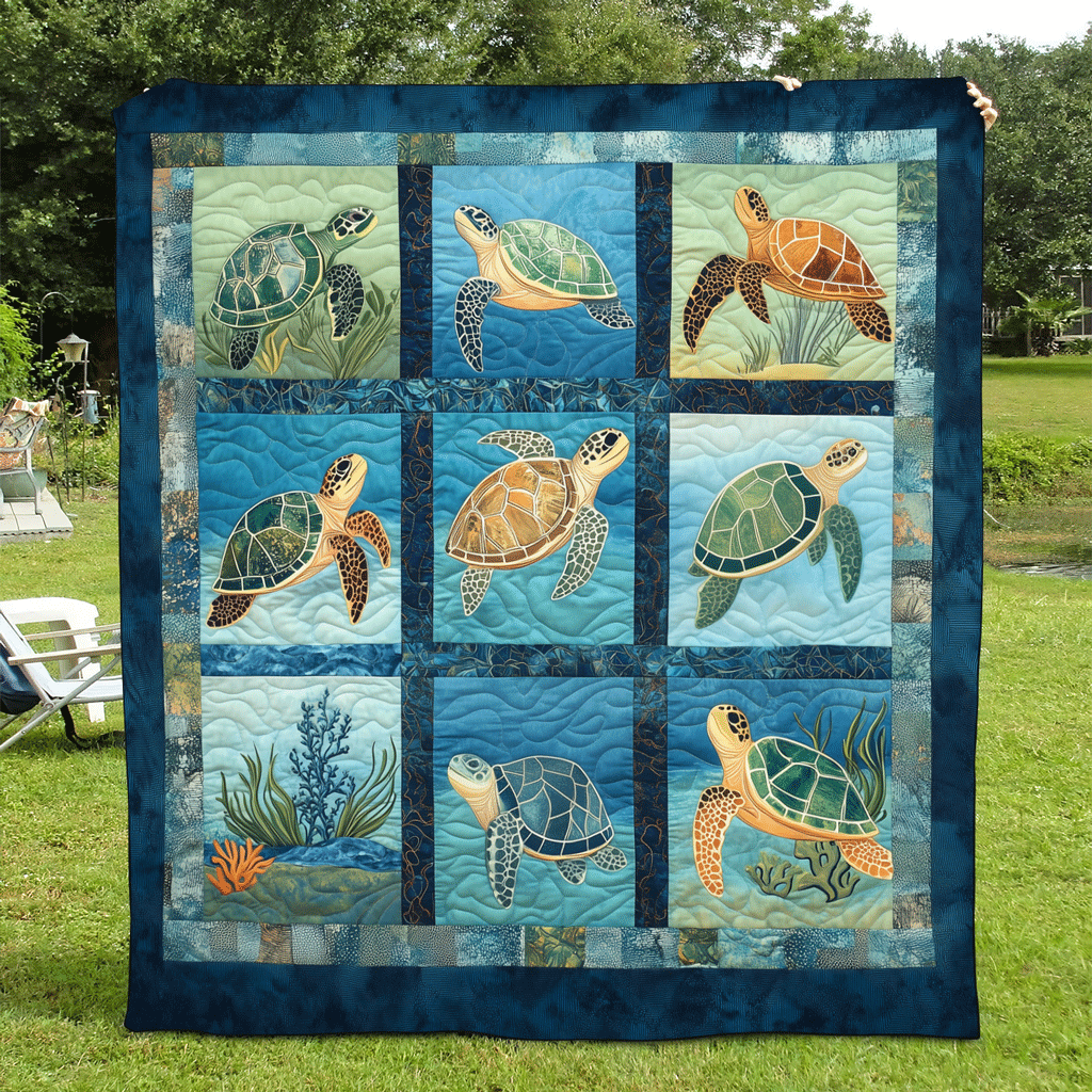Quilted Throw - Turtle Squares in Blue – view 2