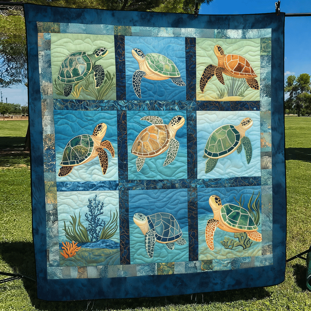Turtle Squares in Blue quilted throw – sea turtles in nine blue squares