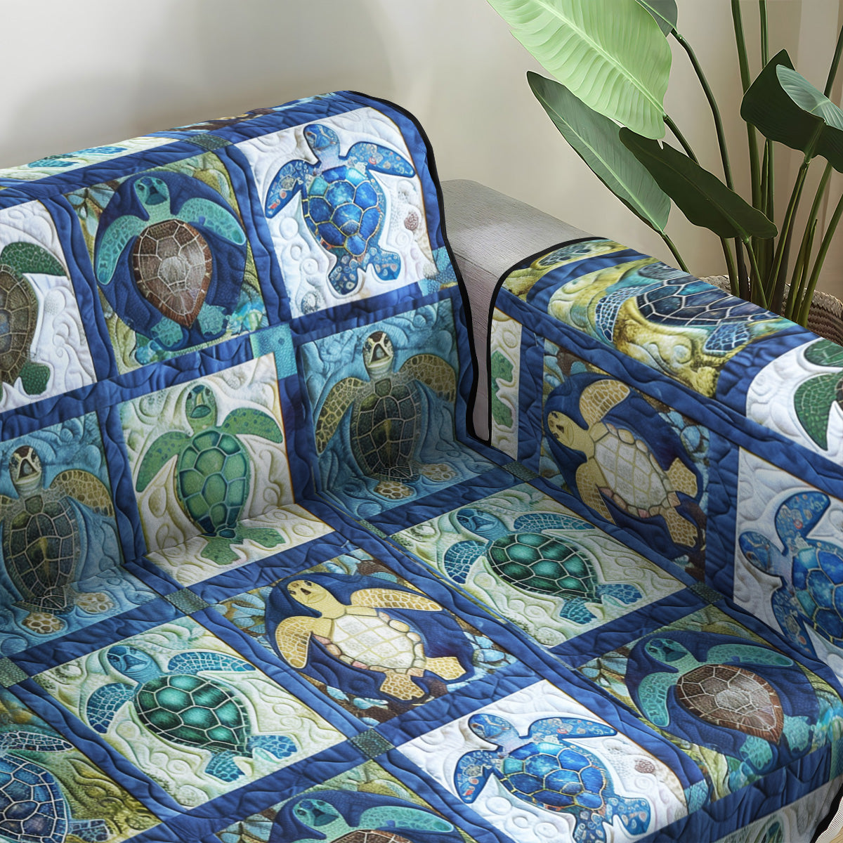 Turtle Squares quilted sofa cover – sea turtles in blue squares