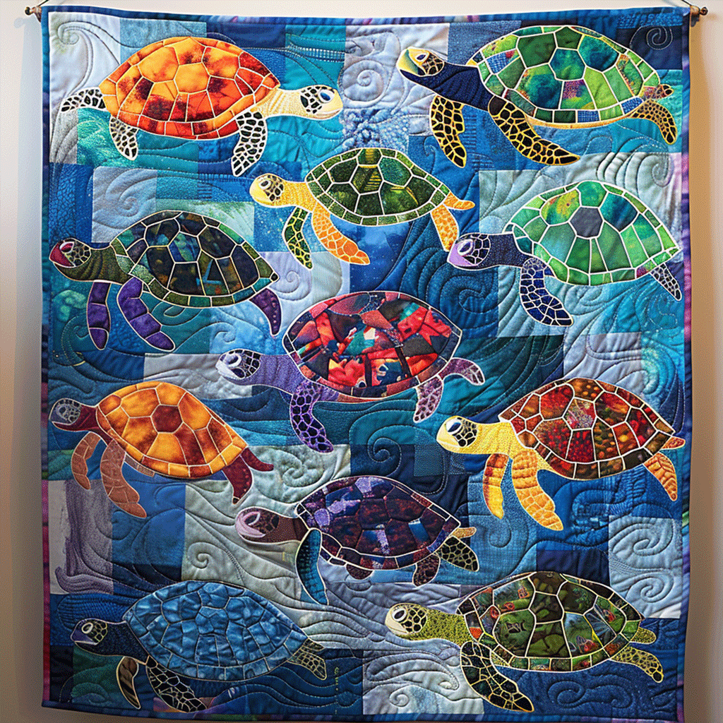 Turtle Mosaic Sea quilted throw – mosaic sea turtles on a blue patchwork sea