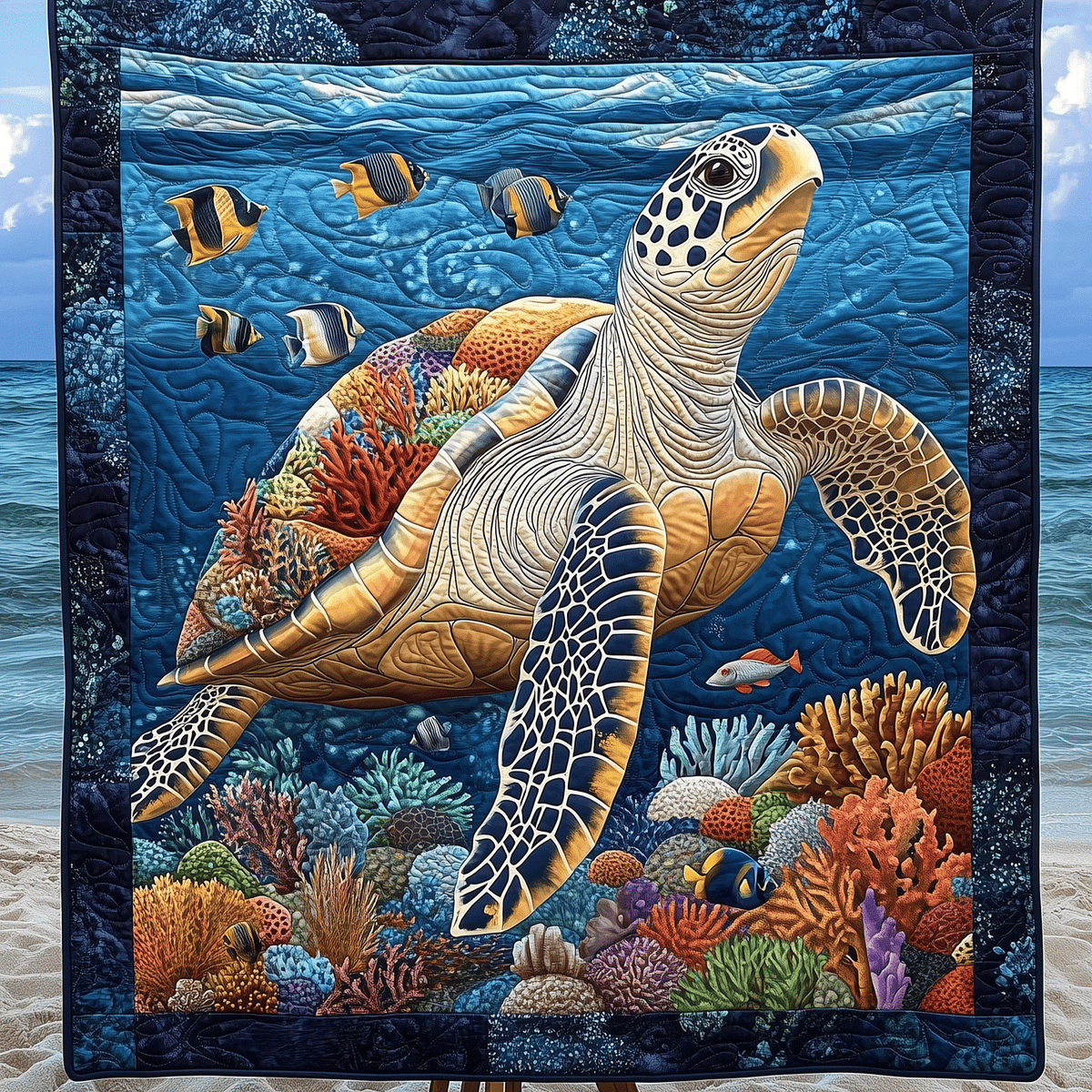 Turtle and Coral quilted throw – sea turtle above bright coral and fish