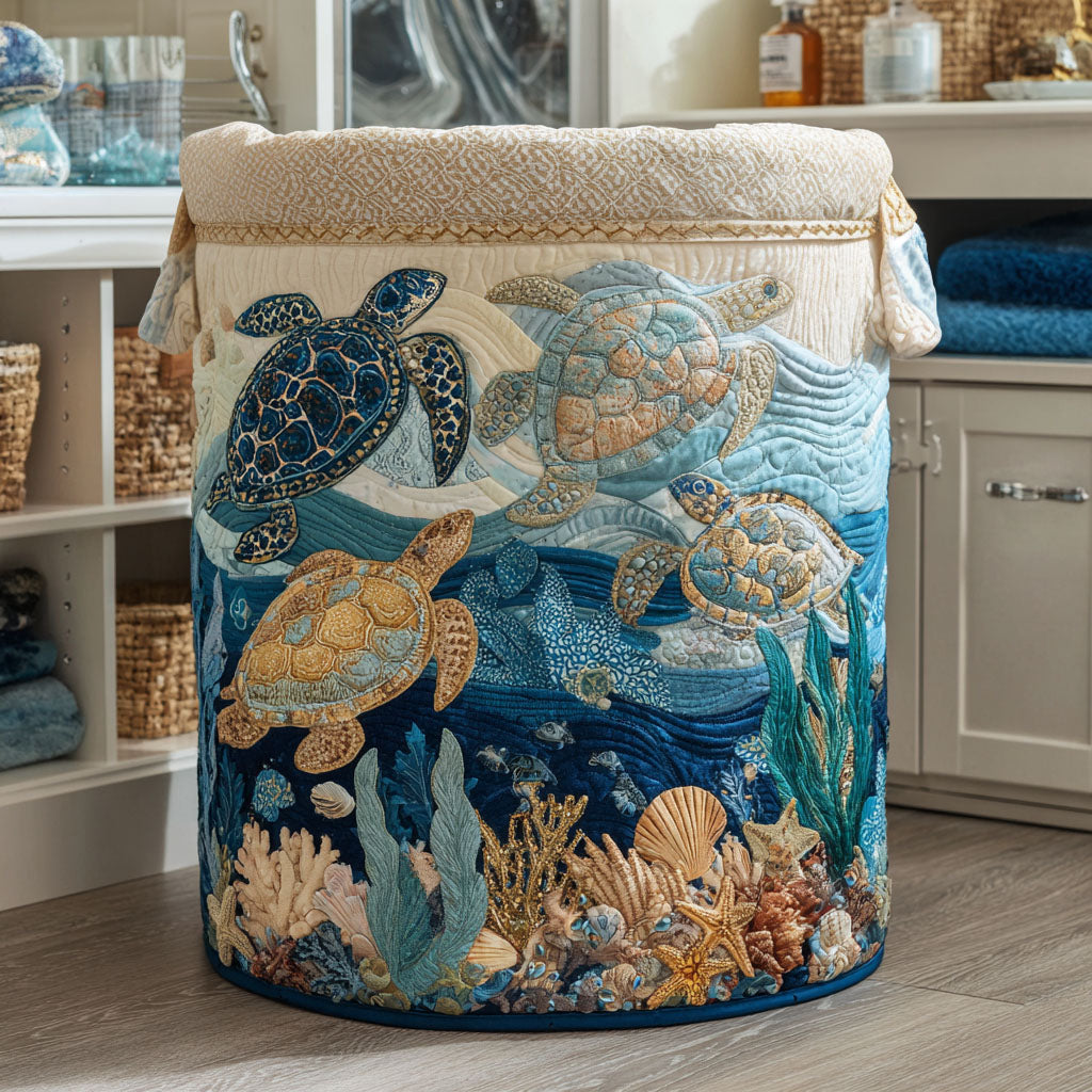 Quilted laundry basket with sea turtles swimming above coral and shells