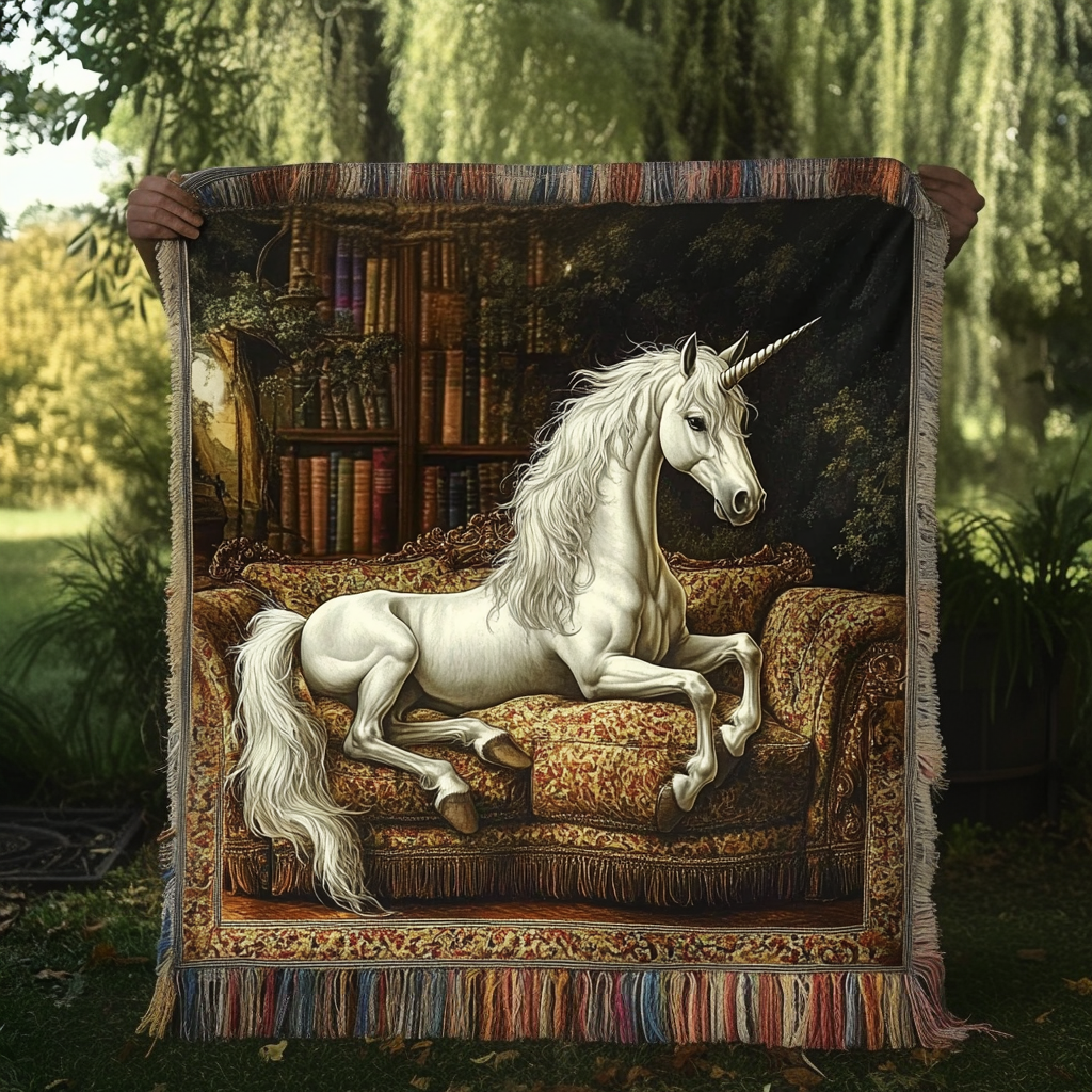 Unicorn Library Sofa woven sofa throw – unicorn on a golden sofa