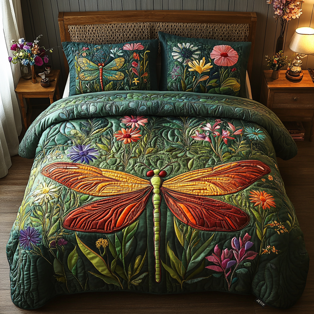Orange Dragonfly Meadow quilted bedspread set – orange dragonfly over wildflowers on green