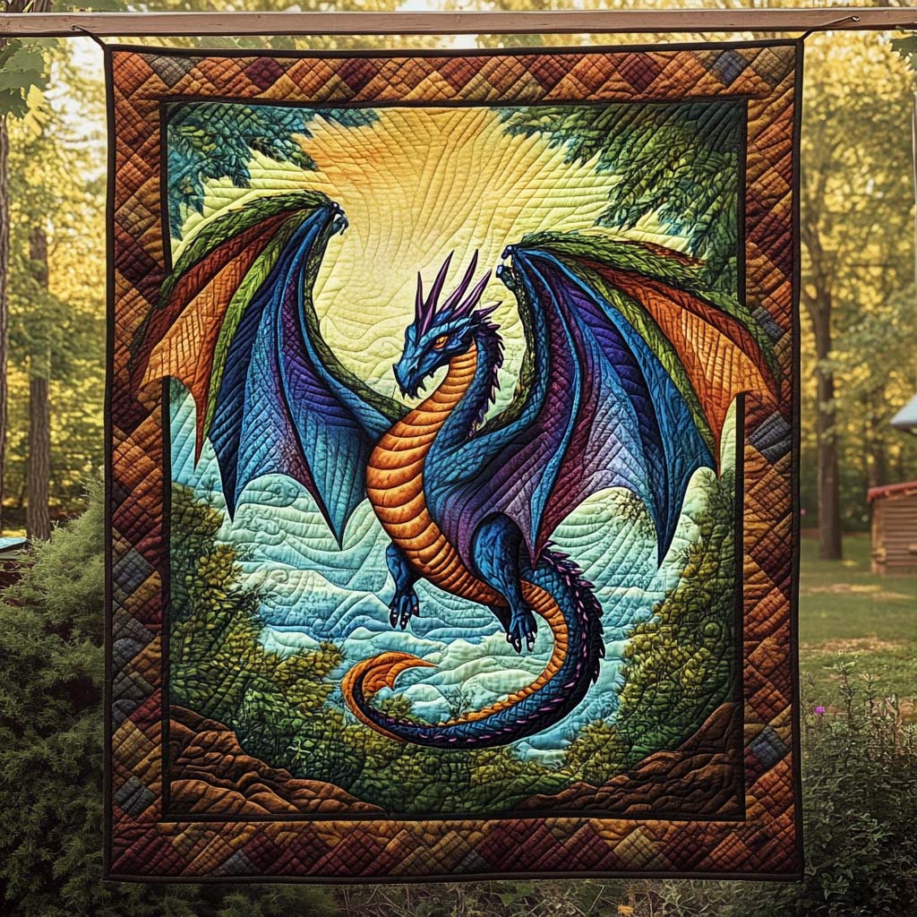 Blue and Orange Dragon quilted throw – blue dragon with orange wings