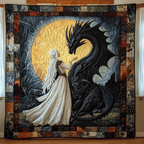 Moon Queen and Dragon quilted throw – queen and black dragon before a golden moon