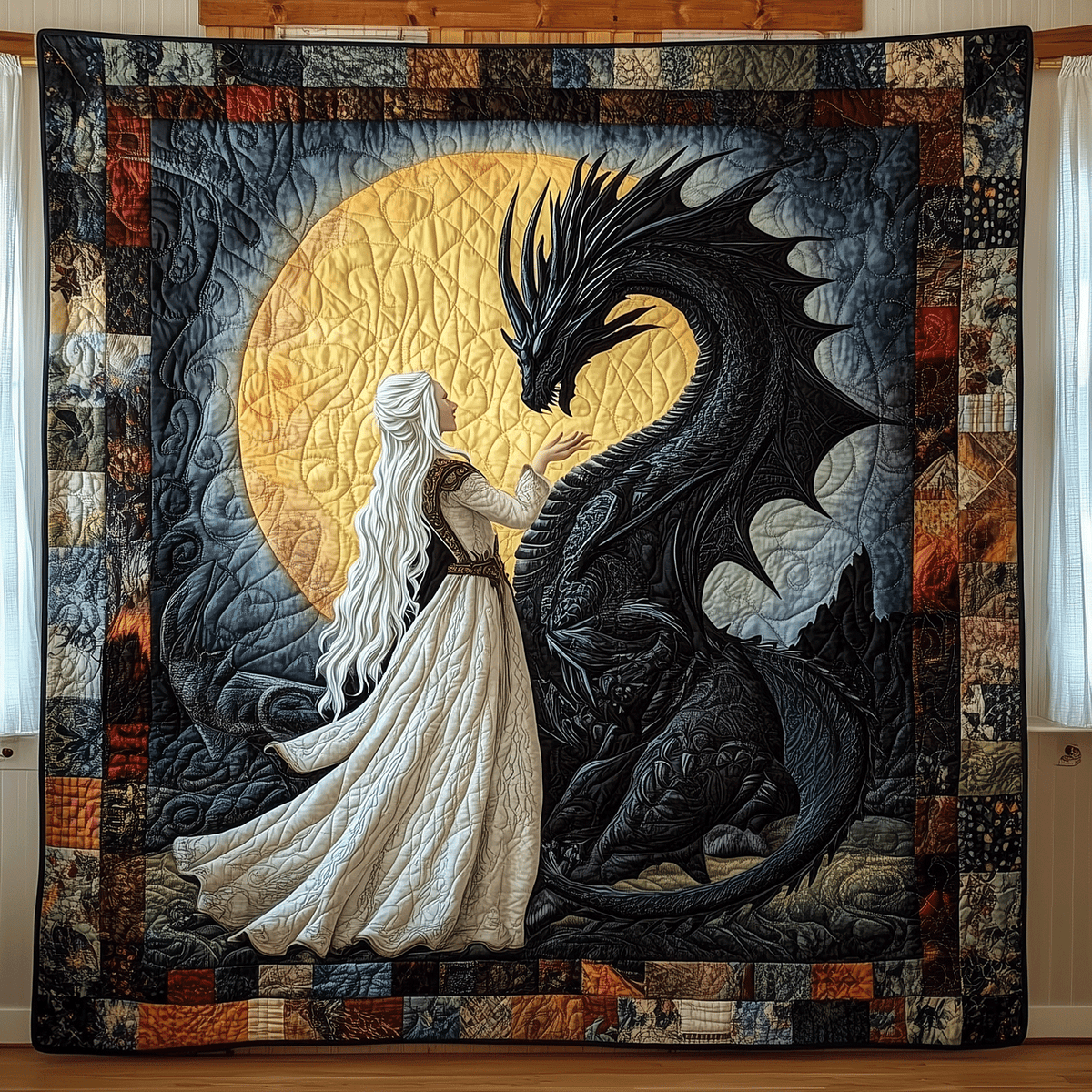Moon Queen and Dragon quilted throw – queen and black dragon before a golden moon