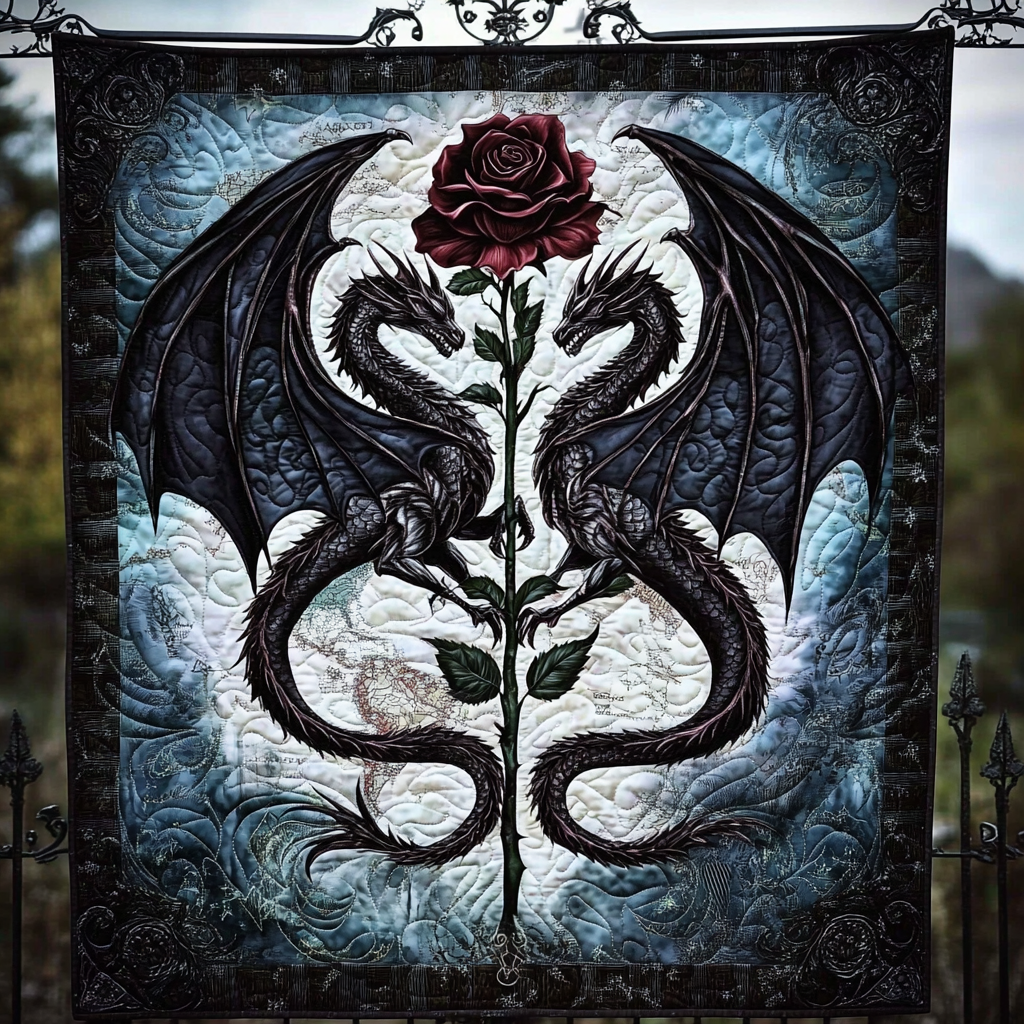 Twin Dragons and Rose quilted throw – two black dragons around a red rose