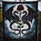 Twin Dragons and Rose quilted throw – two black dragons around a red rose