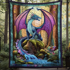 Forest Waterfall Dragon quilted throw – blue dragon by a forest waterfall