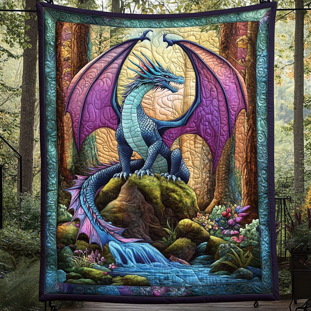Forest Waterfall Dragon quilted throw – blue dragon by a forest waterfall