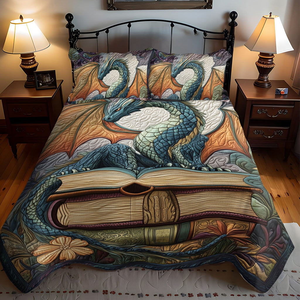 Dragon Library quilted bedspread set – teal dragon guarding a pile of books