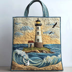 Twilight Lighthouse quilted tote bag – lighthouse and waves