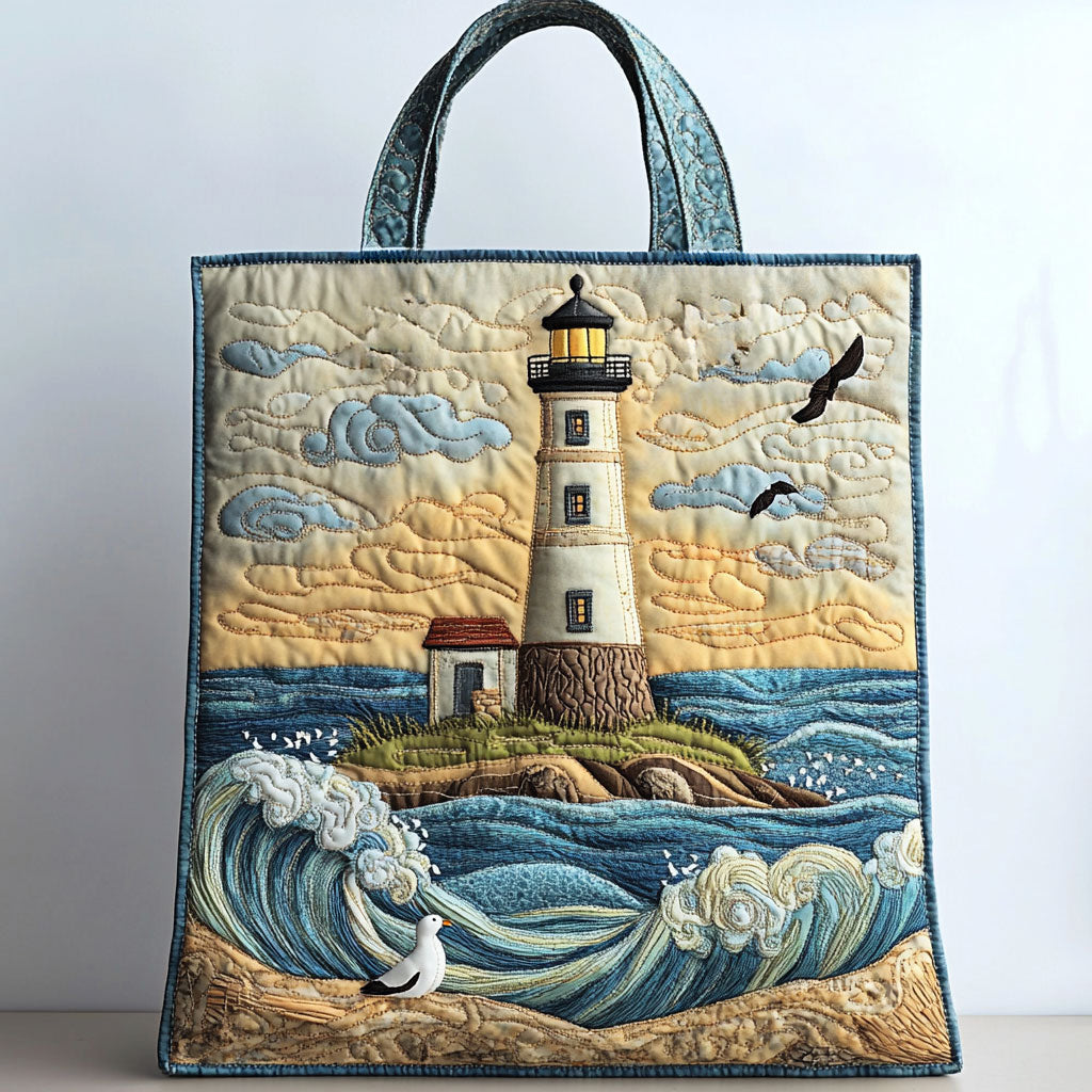 Twilight Lighthouse quilted tote bag – lighthouse and waves