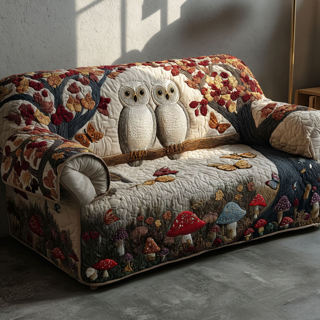 Twilight Owls quilted sofa cover – snowy owls above toadstools