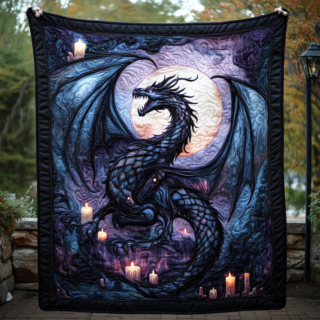 Candlelit Dragon quilted throw – black dragon among glowing candles